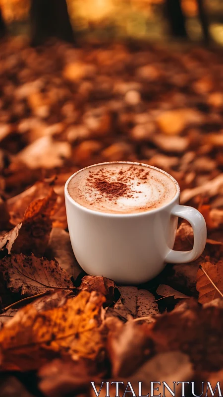 Autumn latte in white ceramic cup amid defocused leaf bokeh