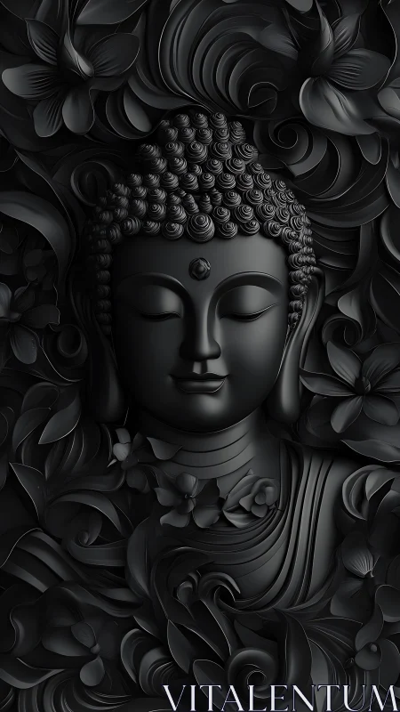 Monochrome Buddha relief in high-relief floral vortex sculpture.