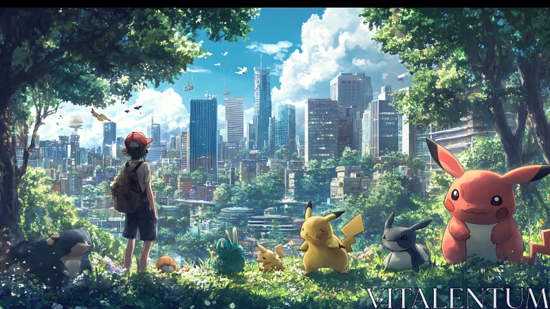 Pokemon trainer and team overlook lush futuristic cityscape.