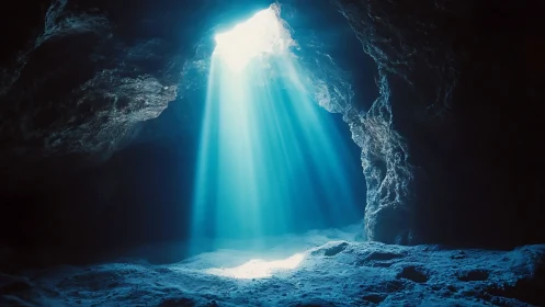 Volumetric blue light rays penetrate a secluded coastal cave