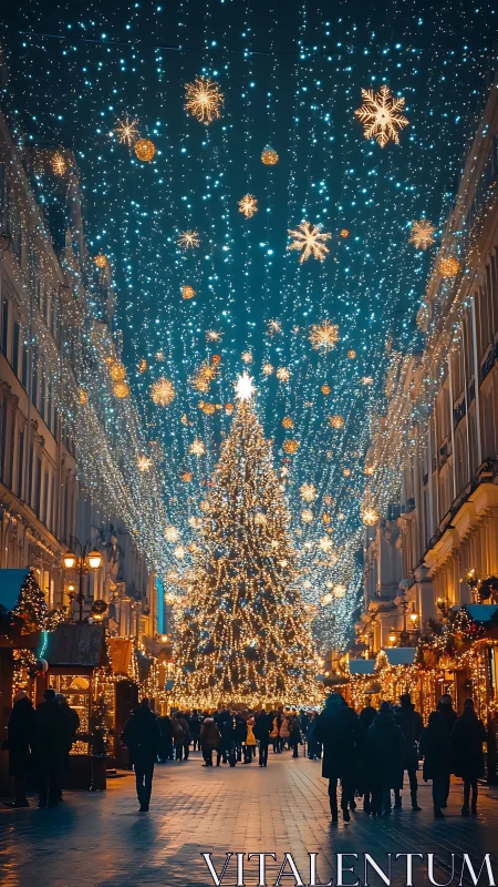 Crowd walks under dense Christmas lights toward central tree