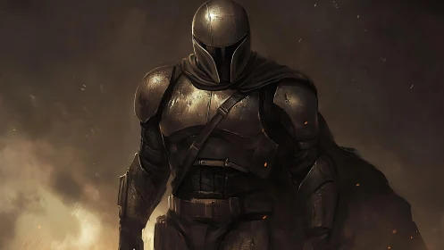 Armored space warrior advancing through smoky dusk.