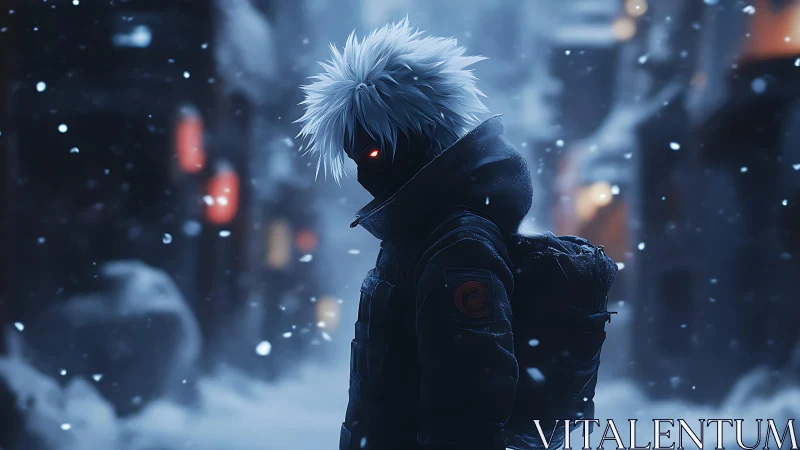 Snowbound cyber-ninja drifts through neon-flecked silence.