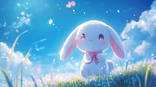 Luminous pastel bunny under volumetric blue sky fieldscape.