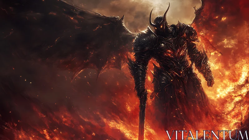 Infernal warlord in molten armor, high-drama fantasy rendering.
