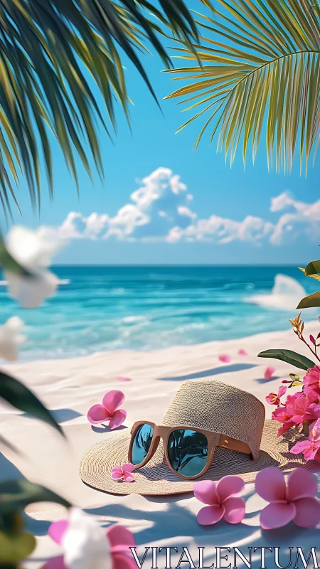 Tropical straw hat still life under palm-framed shoreline light.