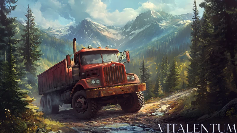 Weathered red truck rumbles confidently along a wild trail