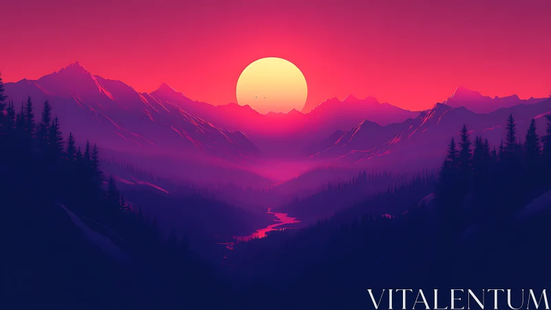 Neon sun sinks over misty pine valleys in a tranquil embrace