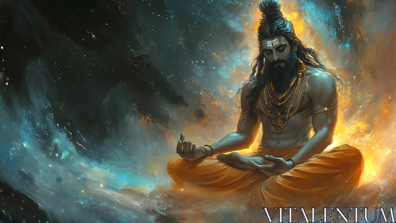 Mystic ascetic in flaming aura within cosmic vortex.