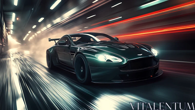 Midnight supercar rockets through neon-lit tunnel haze.
