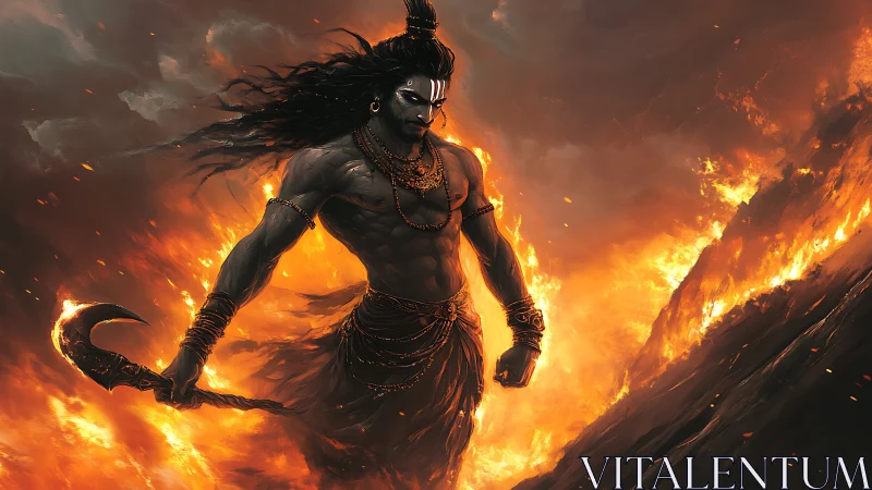 Mythic warrior silhouette against volcanic inferno, dynamic light