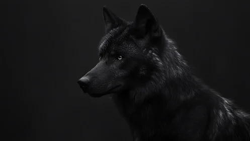 Midnight black wolf gazing softly into the quiet dark.