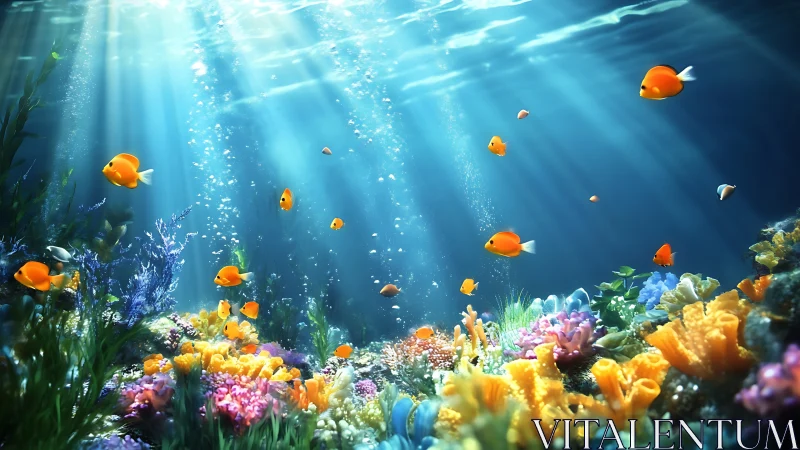 Coral reef scene with volumetric caustic lighting and vivid fish swarm