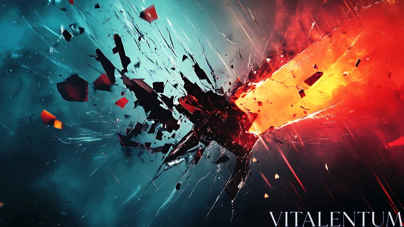 Shattered energy rift splitting teal and fiery voids.