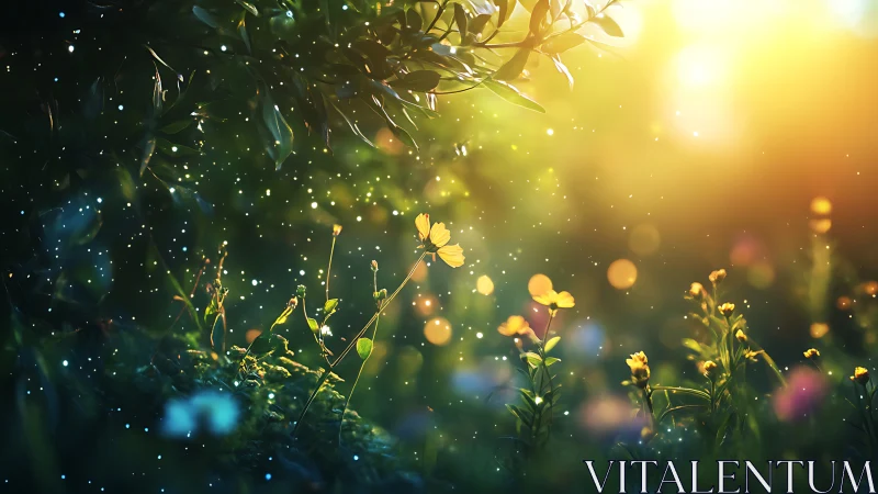 Sunlit wildflowers under glowing forest bokeh haze.