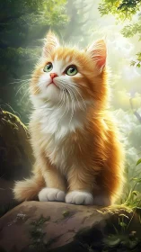 Fluffy ginger kitten sitting alert in a sunlit forest.