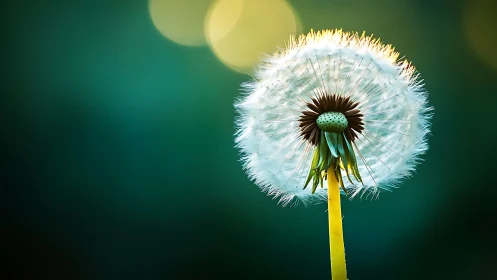 Dandelion seed head stands against blurred green background
