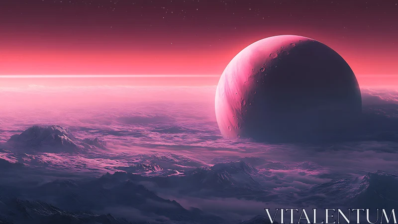 Pink alien planet rising above frozen cloud sea at dusk.