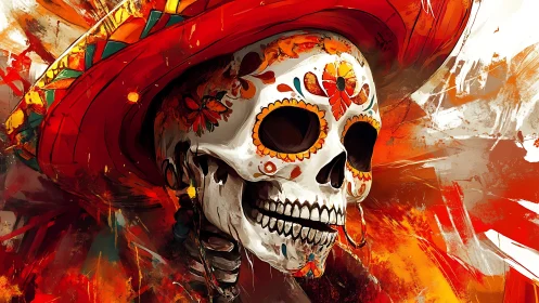 Painted sugar skull revels beneath a blazing red sombrero