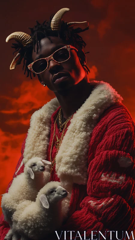 Horned trendsetter cradles celestial lambs in ember haze