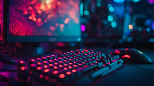 RGB backlit gaming keyboard glows beneath neon monitor display