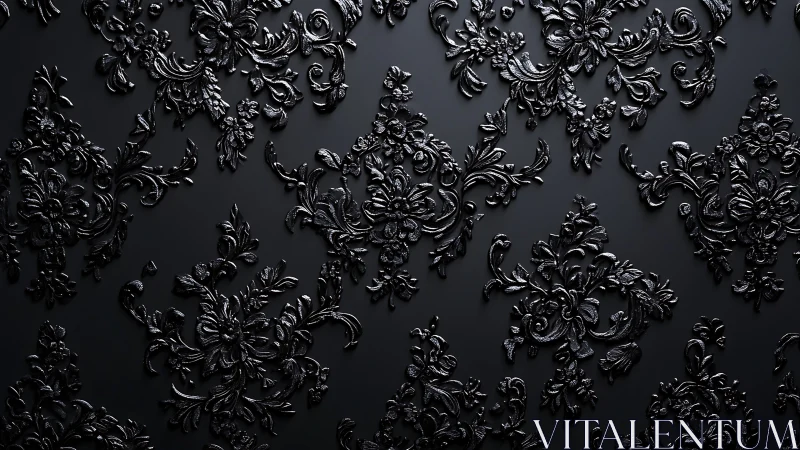 Black embossed floral damask pattern on matte surface.