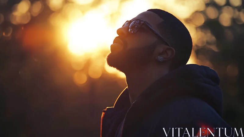 Silhouetted man in sunset backlight with warm bokeh glow.