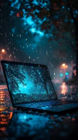 Midnight laptop dreams under rainy neon city skies.
