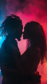 Silhouetted figures in neon-lit proximity with chromatic gradient overlay