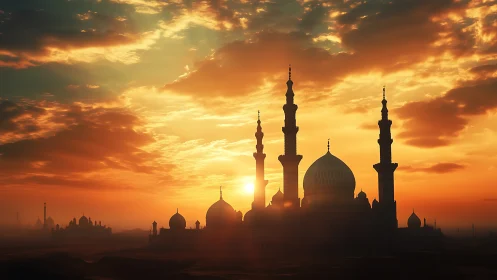 Silhouetted mosque complex stands against layered sunset sky