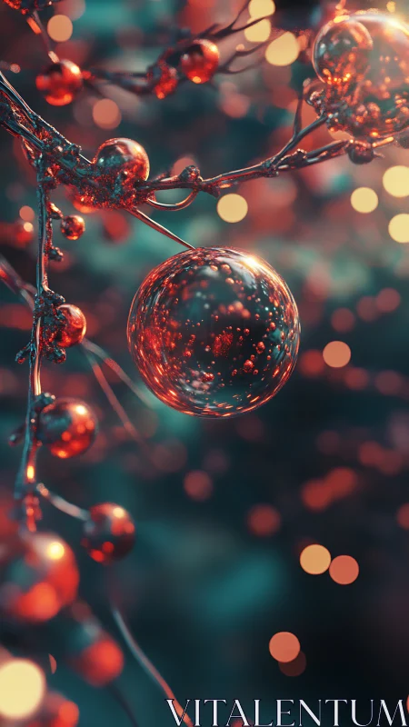 Glowing glass sphere on red metallic berry branches.
