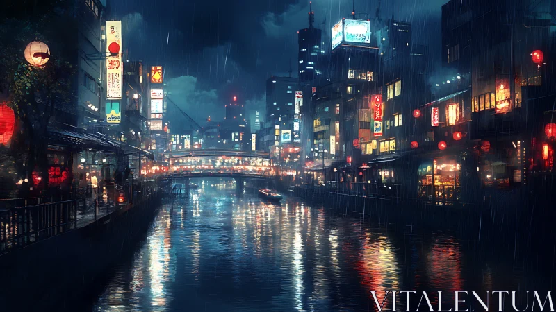 Rain-soaked neon canal city glows under stormy night sky