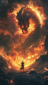 Lone warrior confronts colossal dragon in molten inferno.