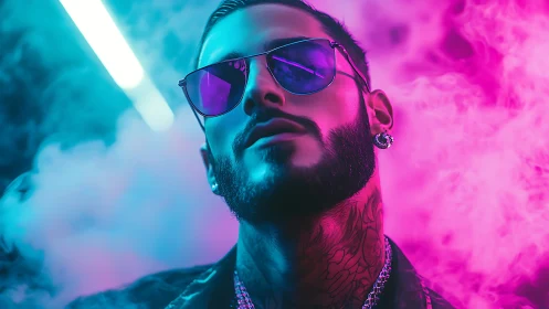 Stylish man in neon fog wearing sunglasses and jewelry.
