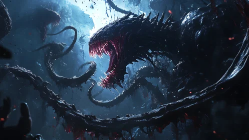 Nightmarish forest beast with twisting, shadowy tendrils.