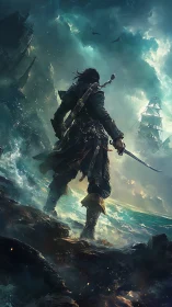 Solitary figure with sword observes distant sailing vessel