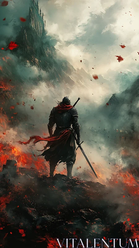 Armored swordsman on volcanic ridge facing distant citadel.