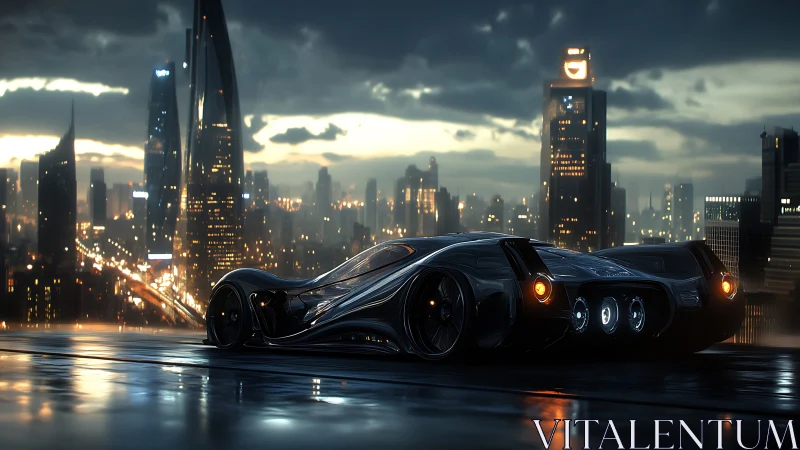 Futuristic hypercar reflects neon skyline on rain-slick rooftop