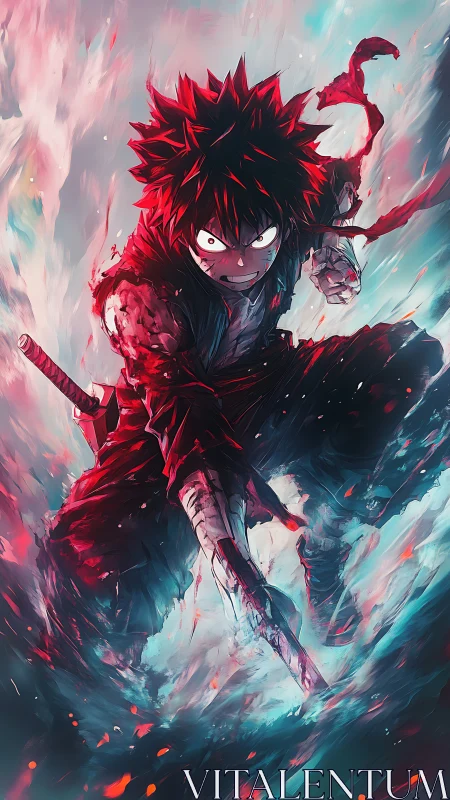 Blazing anime warrior charges forward in a storm of energy