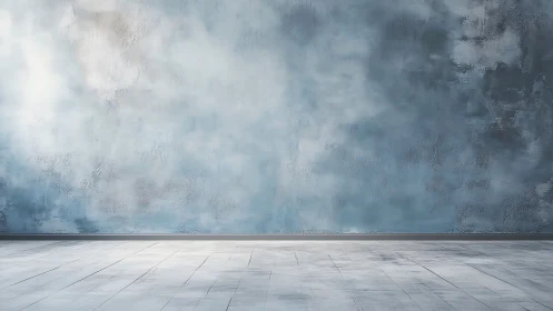 Textured blue concrete wall above pale wooden floor panorama.