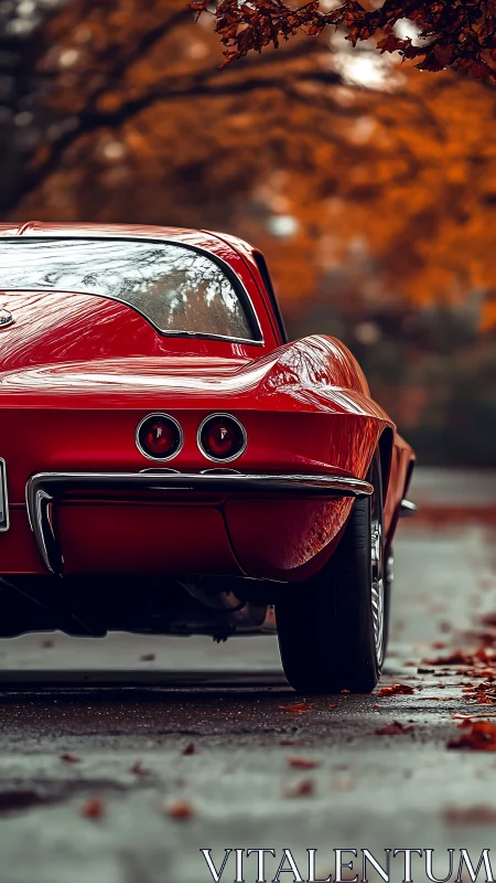 Rear three-quarter view of classic red coupe in autumn street
