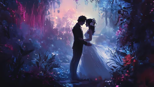 Lovers Locked in Otherworldly Glow Beneath Neon Flora