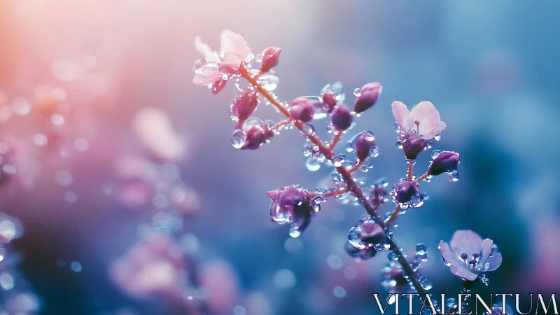 Dewdrops on Flowering Branch in Soft Morning Light.