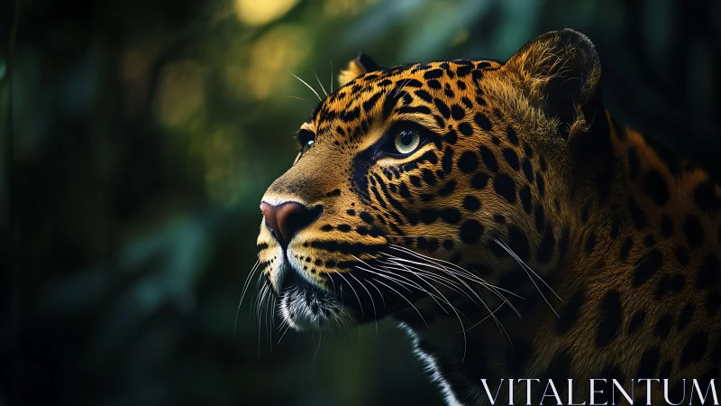 Low-key photoreal portrait of vigilant jaguar in foliage.