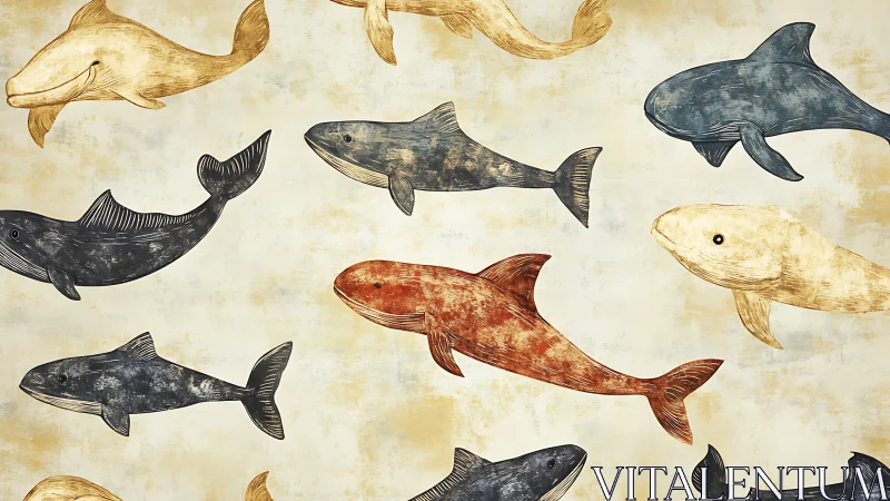 Whale flotilla drifts across weathered parchment seas.