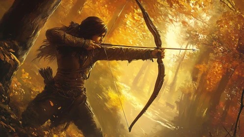 Forest huntress drawing bow in blazing autumn light.
