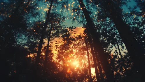 Forest clearing reveals sunset through layered canopy structure.