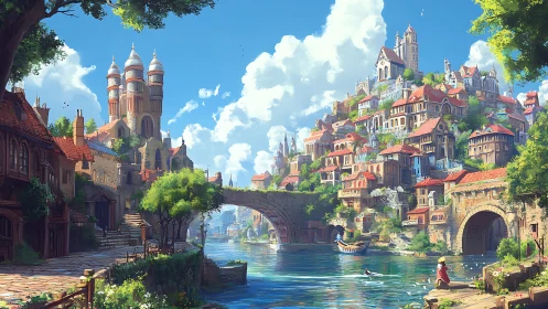 Sunlit riverside fantasy city rises beneath bright clouds