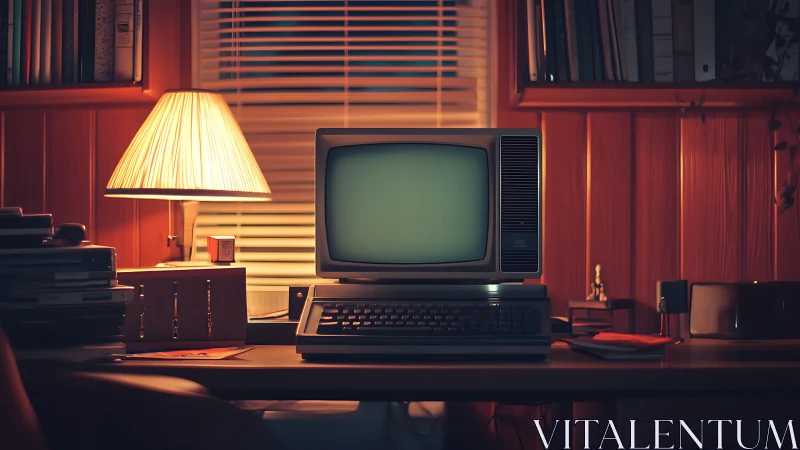 Retro computer glows under warm desk lamp in study room