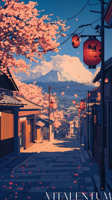 Spring alleyway with lanterns framing distant Mount Fuji view